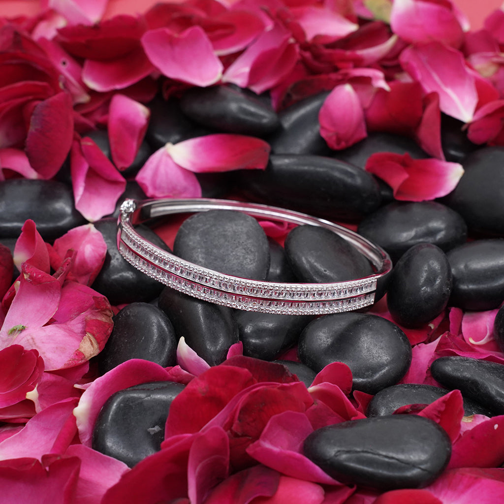 Baguette cut Diamonds Accented with Delicate Round Cut Diamonds Studded in Silver Bracelet