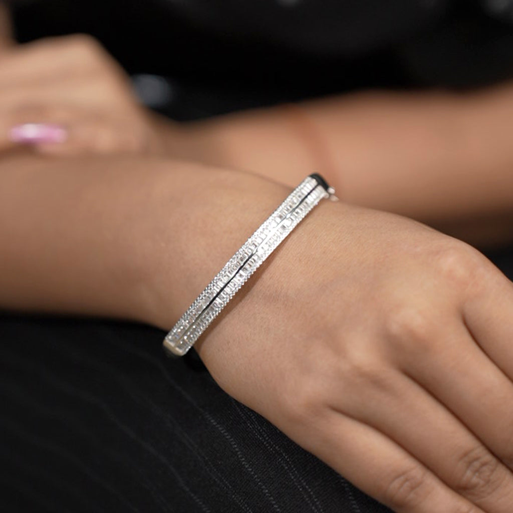 Baguette cut Diamonds Accented with Delicate Round Cut Diamonds Studded in Silver Bracelet