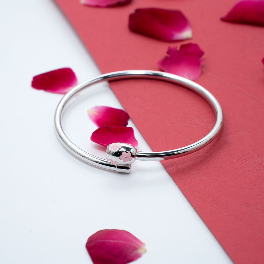 Silver Floral Designed Bracelet with Pink Stones