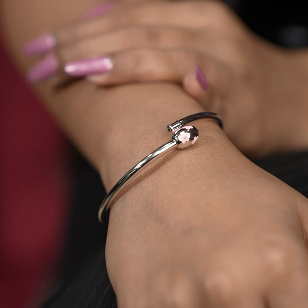 Silver Floral Designed Bracelet with Pink Stones