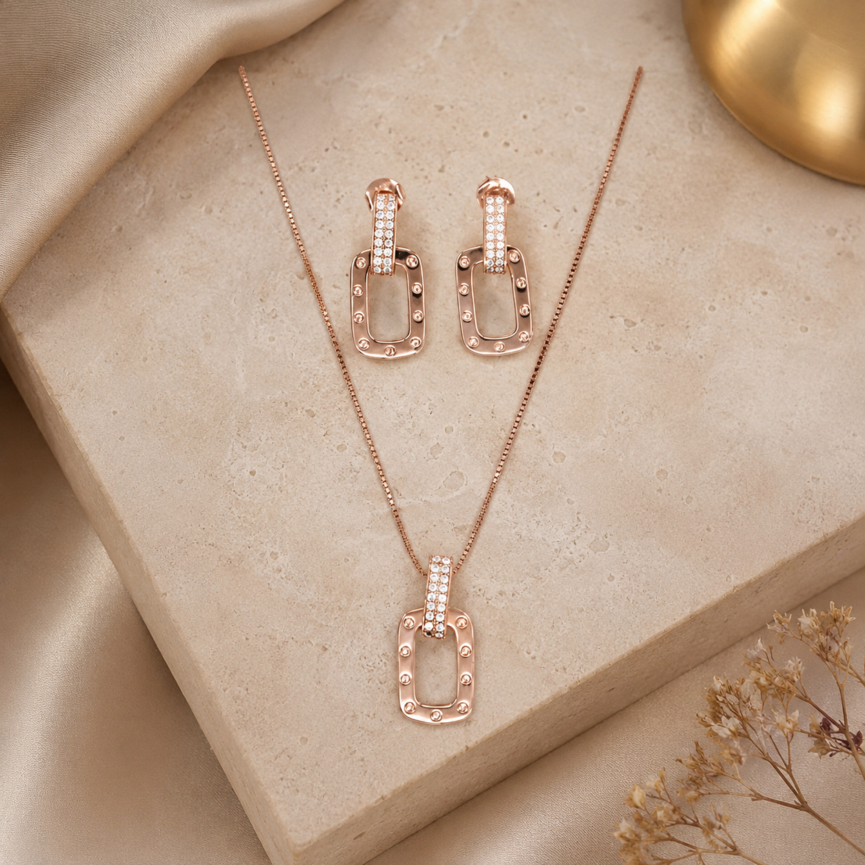 Rose Rectangle Pendant Set