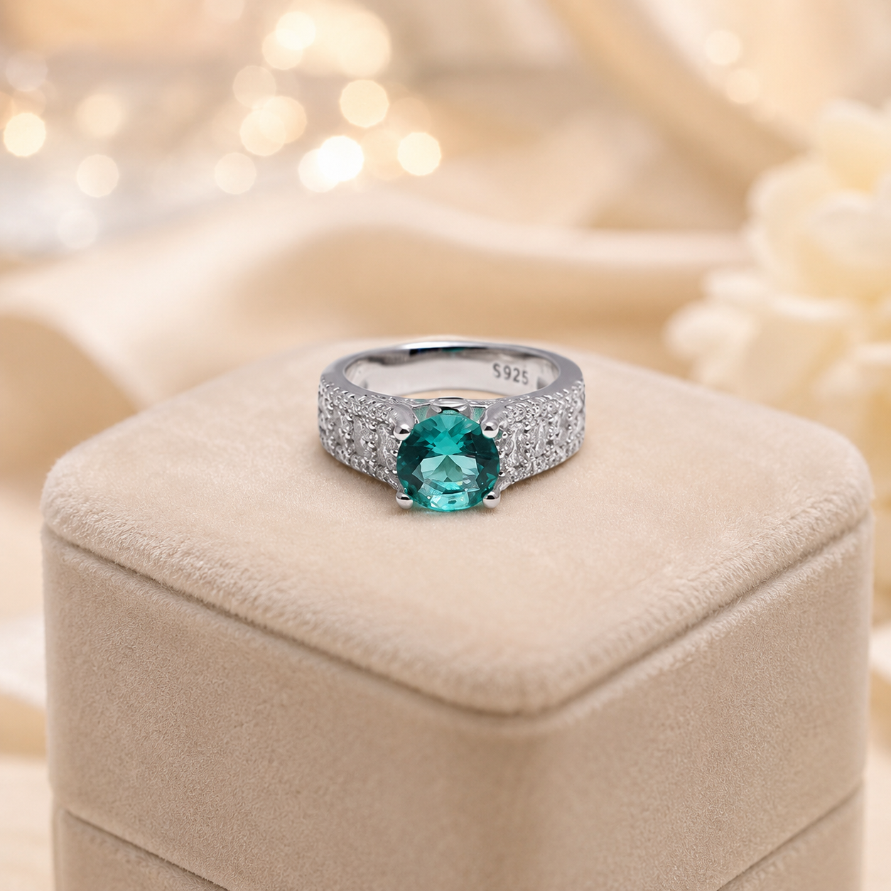 Silver Ring Featuring Graceful Mix of Baguette & Round Cut Diamonds
