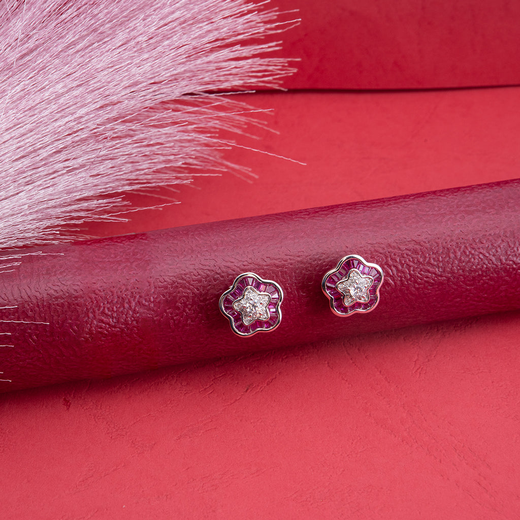 Silver Floral Earrings with Pink Stone