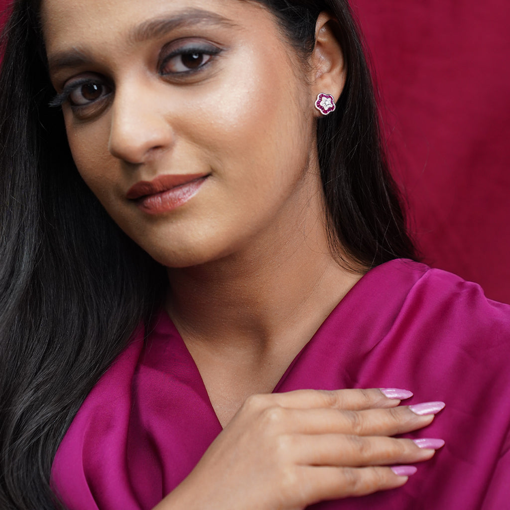 Silver Floral Earrings with Pink Stone