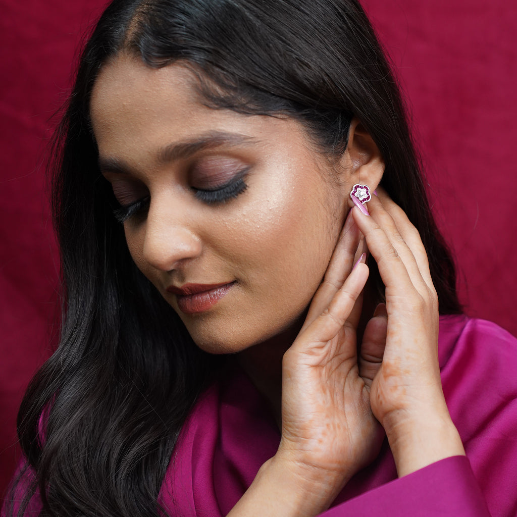 Silver Floral Earrings with Pink Stone