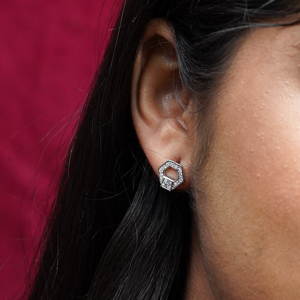 Hexagon Shaped Silver Earrings