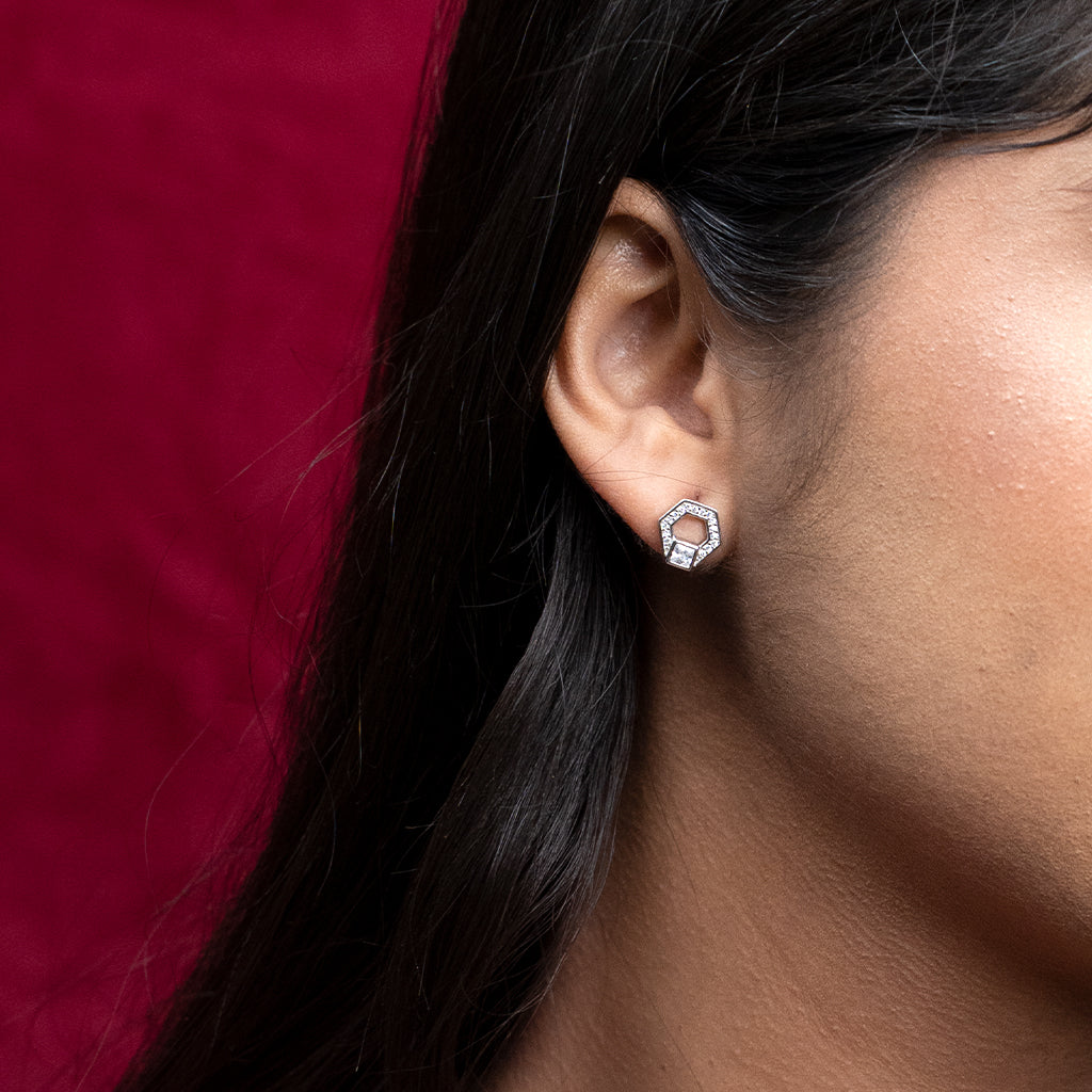 Hexagon Shaped Silver Earrings