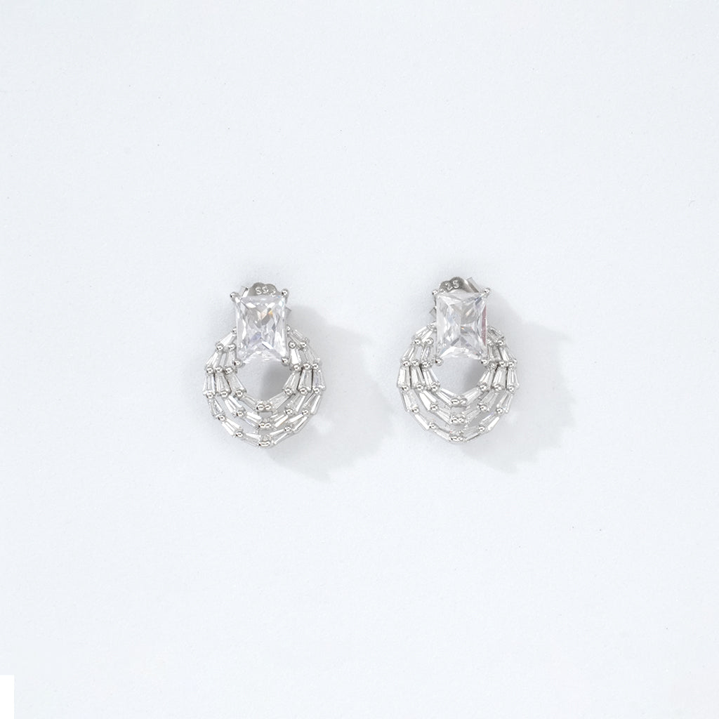 Emerald Cut Solitaire Silver Earrings