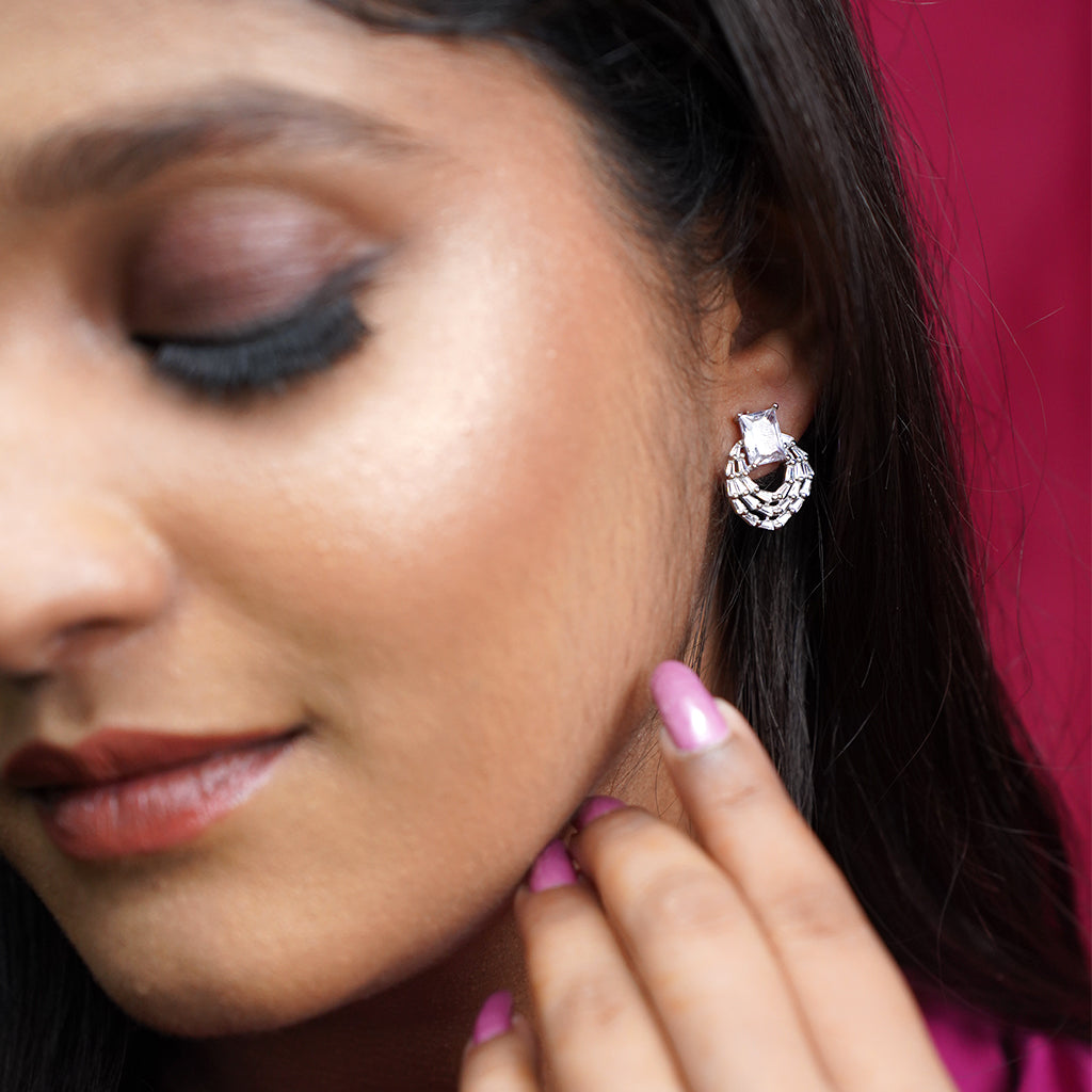 Emerald Cut Solitaire Silver Earrings