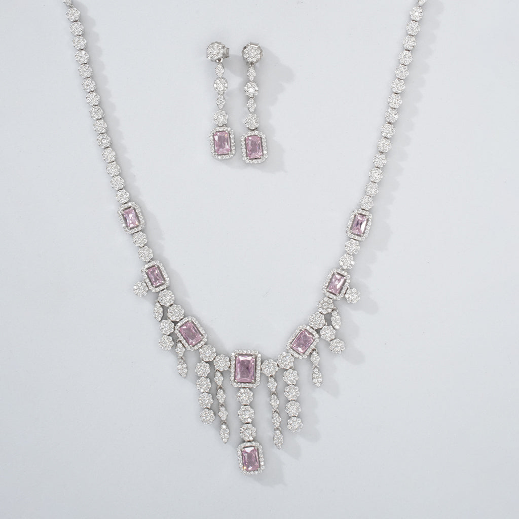 Silver Necklace with Pink Emerald Cut Diamonds