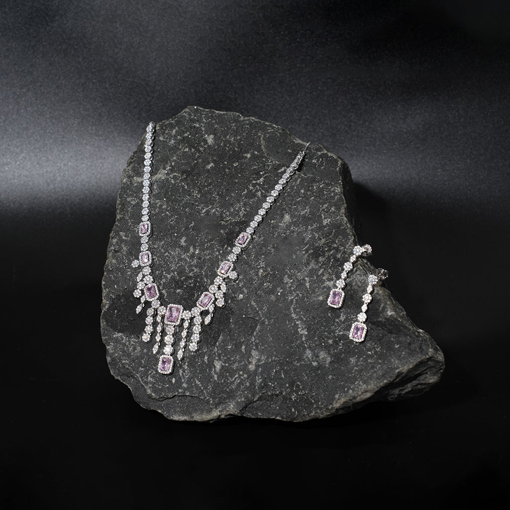 Silver Necklace with Pink Emerald Cut Diamonds