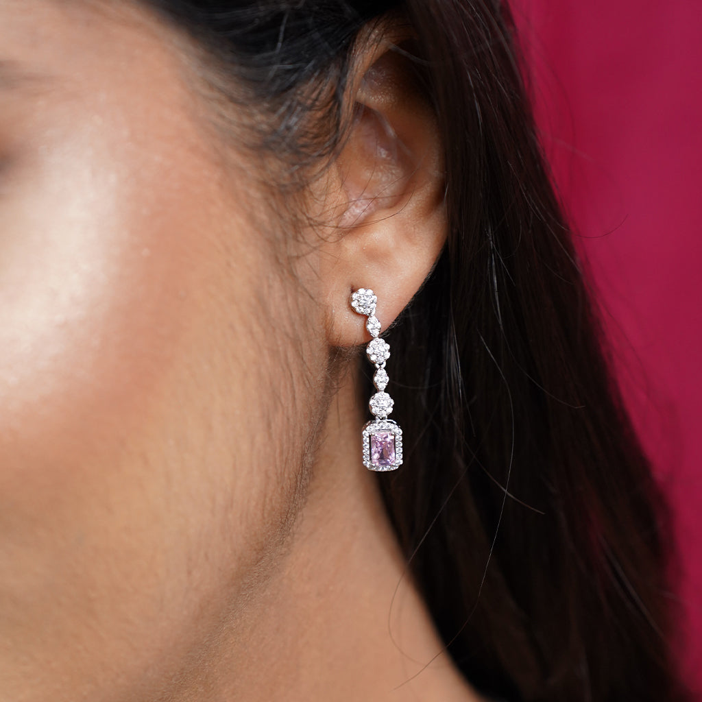 Silver Necklace with Pink Emerald Cut Diamonds