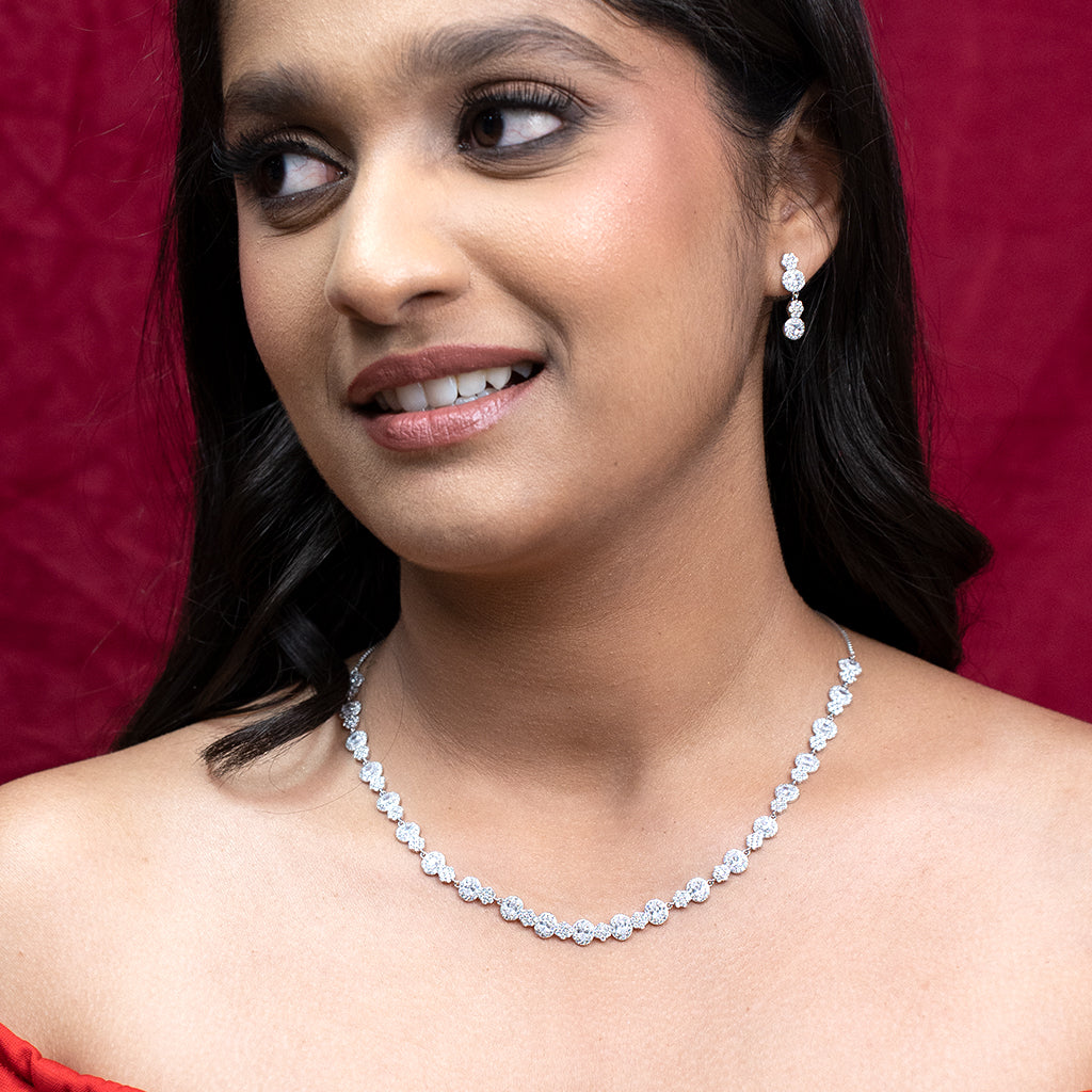 Delicate Silver Necklace with Oval Shaped Diamond at the center