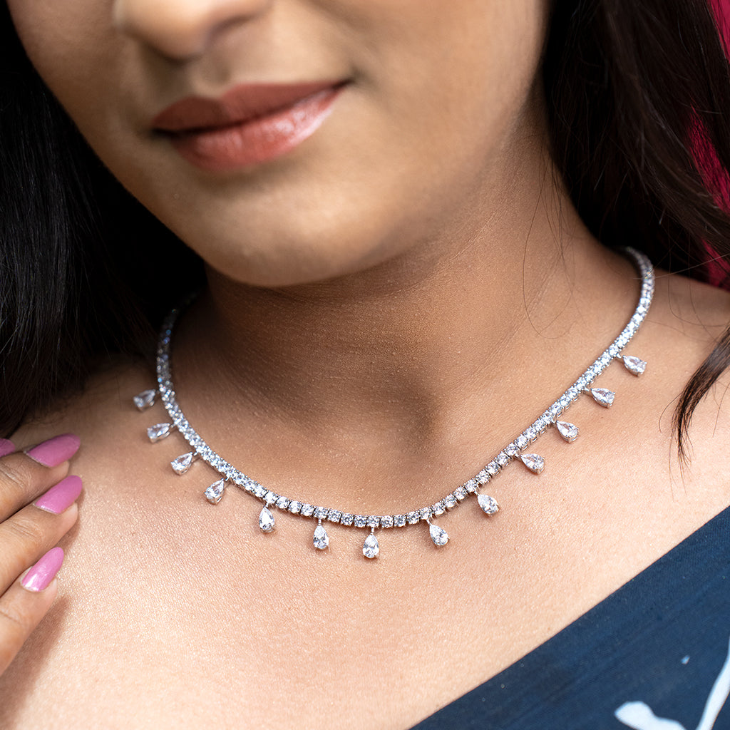Silver Necklace featuring Solitaires in Pear shaped Design