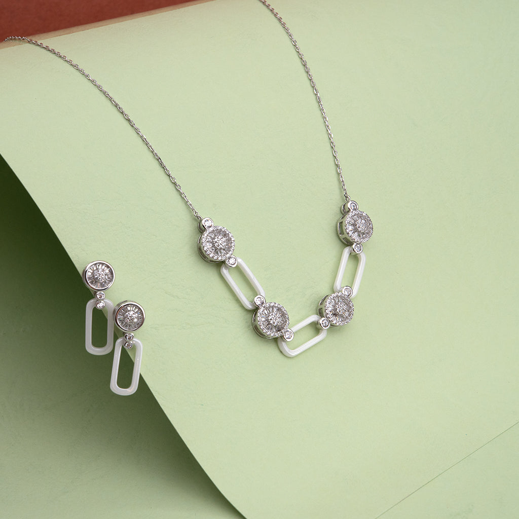 Silver Pendant Set with Round & Baguette Cut Diamonds