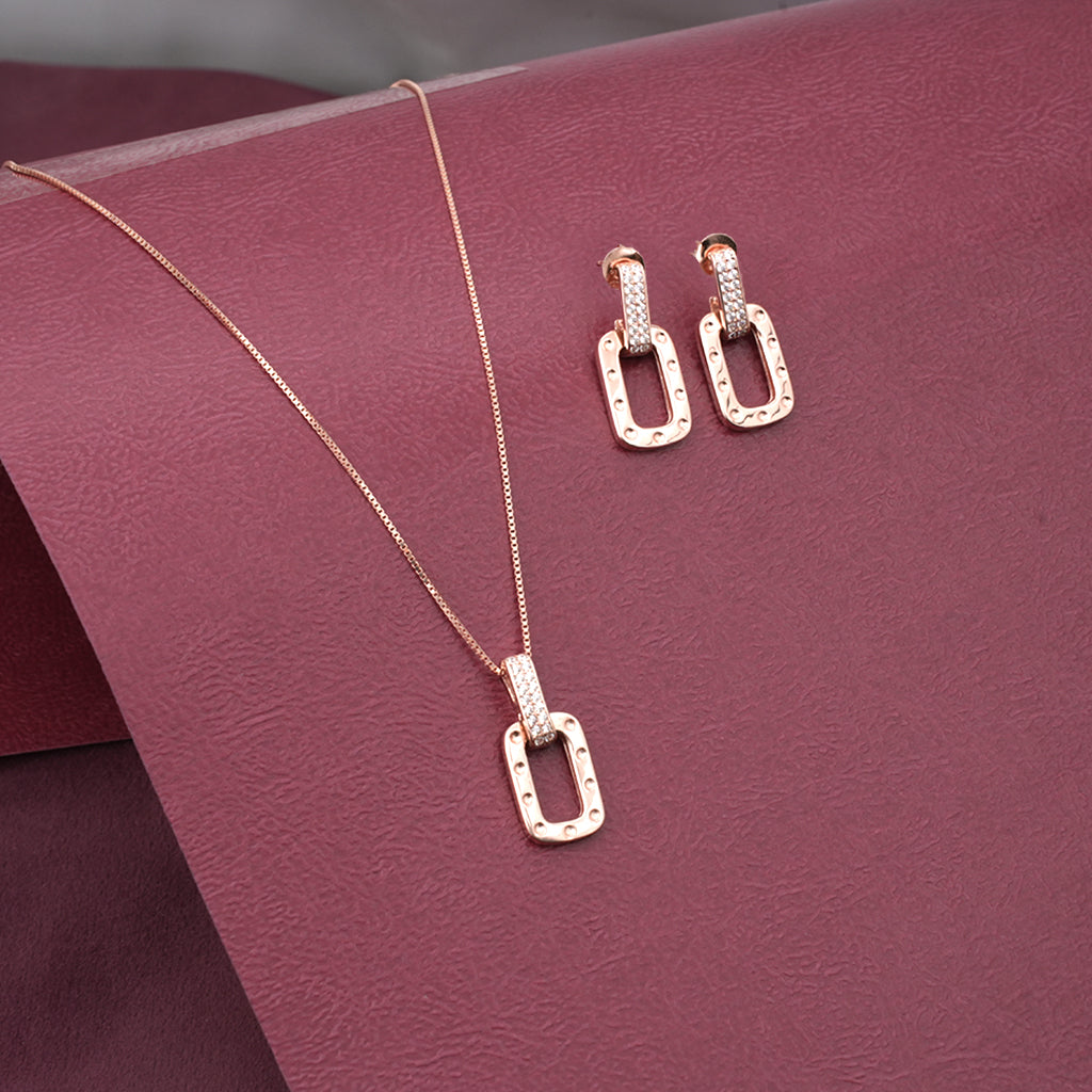 Rectangle Shaped Silver Pendant Set with Rose Silver Polish