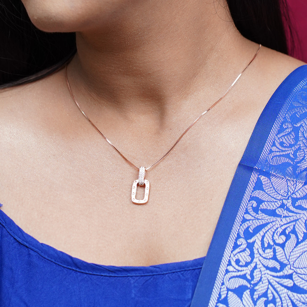 Rectangle Shaped Silver Pendant Set with Rose Silver Polish