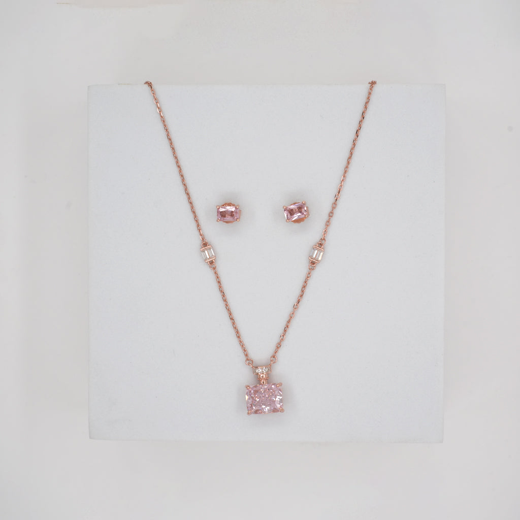 Rose Silver With Pink Sparkling Stones Pendant Set