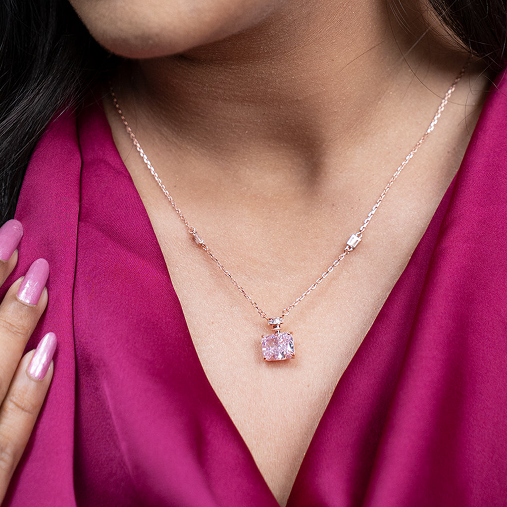 Rose Silver With Pink Sparkling Stones Pendant Set