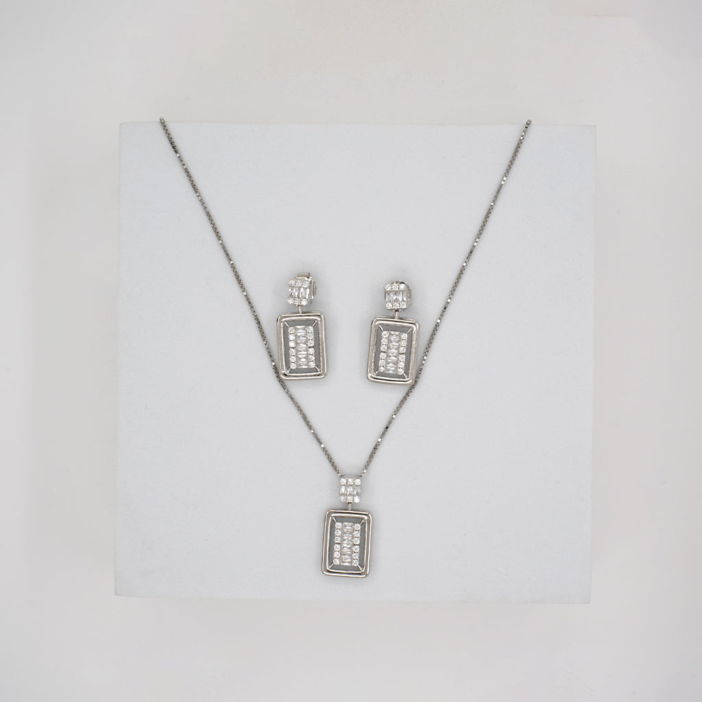 Rectangle Shaped Silver Pendant Set with Radiant Baguettes
