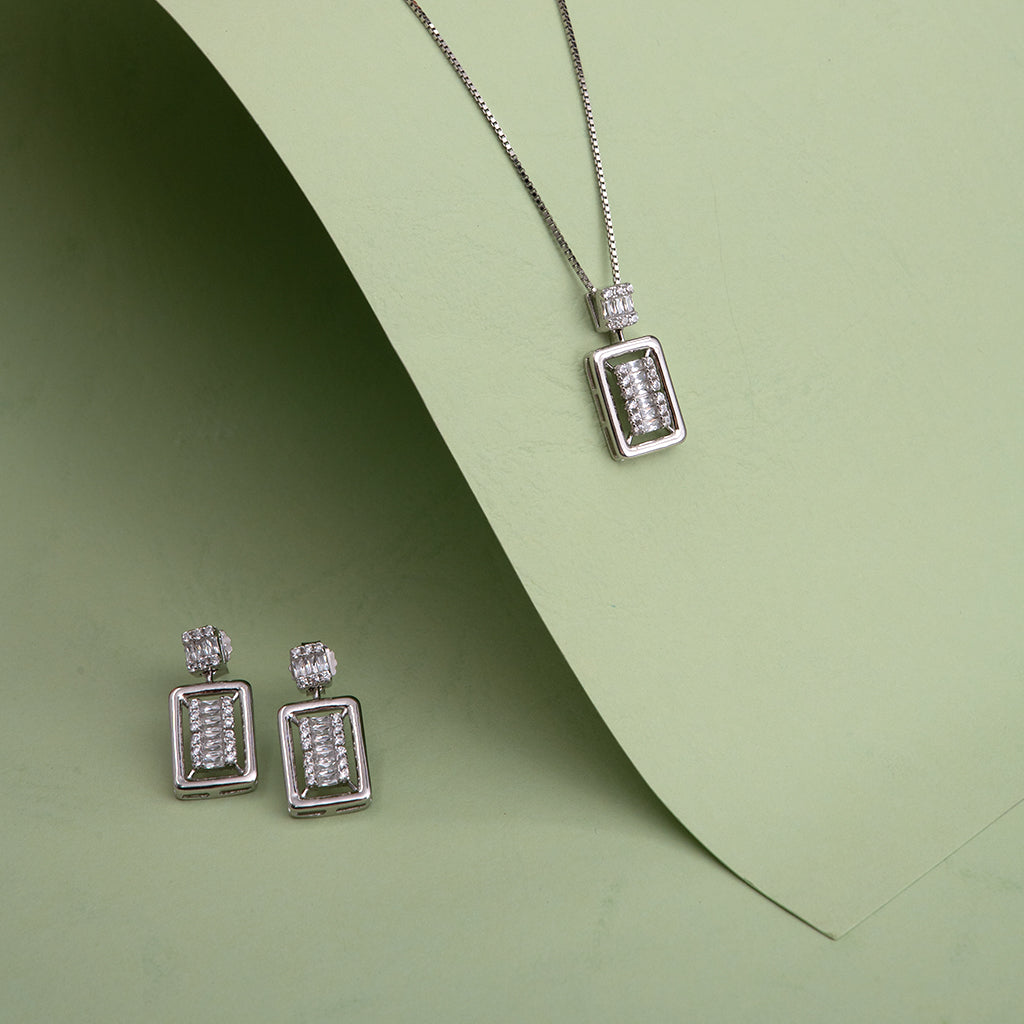 Rectangle Shaped Silver Pendant Set with Radiant Baguettes