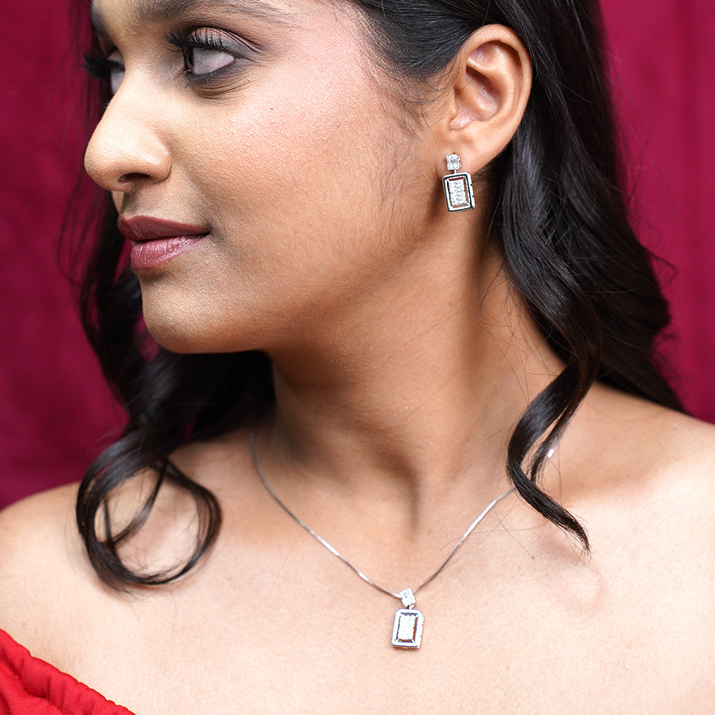 Rectangle Shaped Silver Pendant Set with Radiant Baguettes