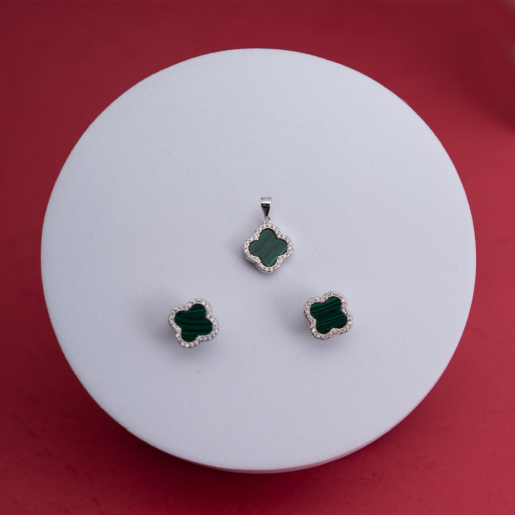 Silver Pendant Set with Green Stones & Diamonds