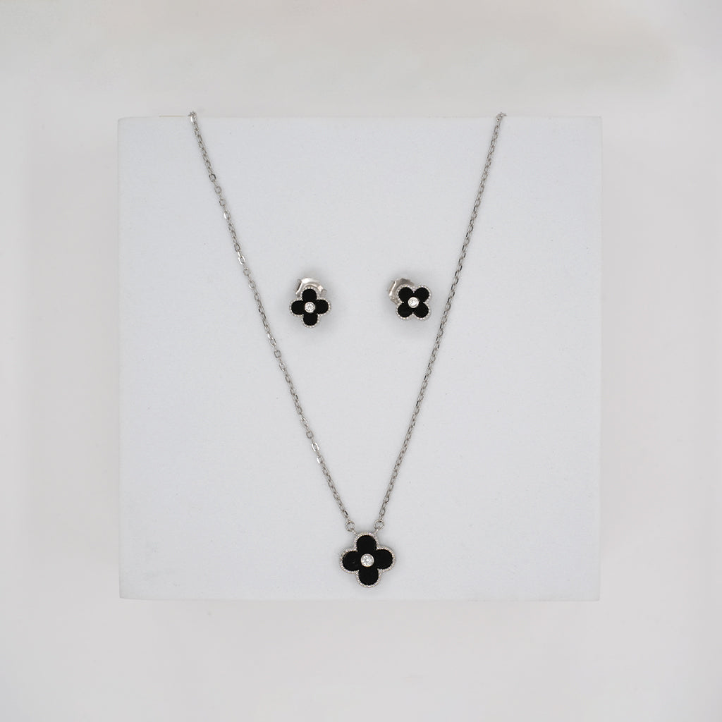 Silver Floral Pendant Set with Balck Stone