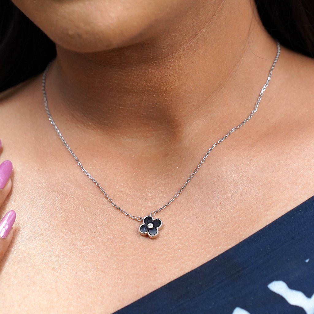 Silver Floral Pendant Set with Balck Stone