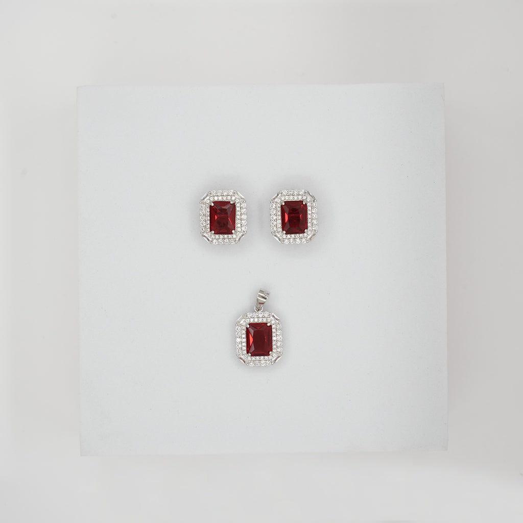 Silver Pendant Set with Emerald Cut Red Stone