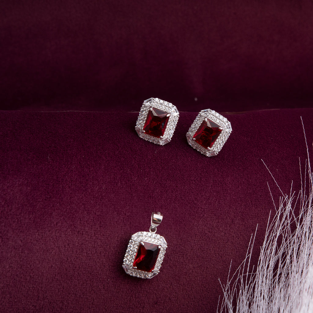 Silver Pendant Set with Emerald Cut Red Stone