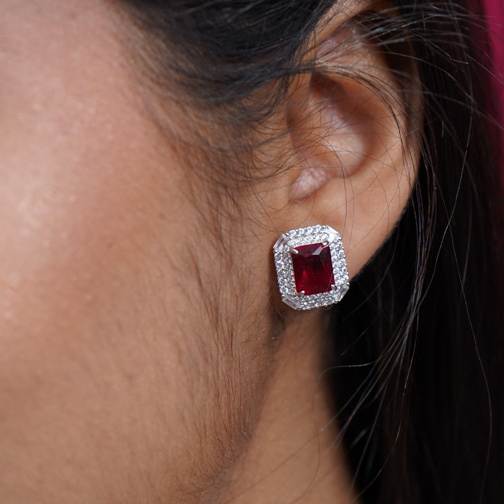Silver Pendant Set with Emerald Cut Red Stone