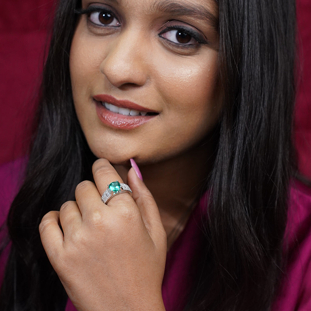 Silver Ring Featuring Graceful Mix of Baguette & Round Cut Diamonds
