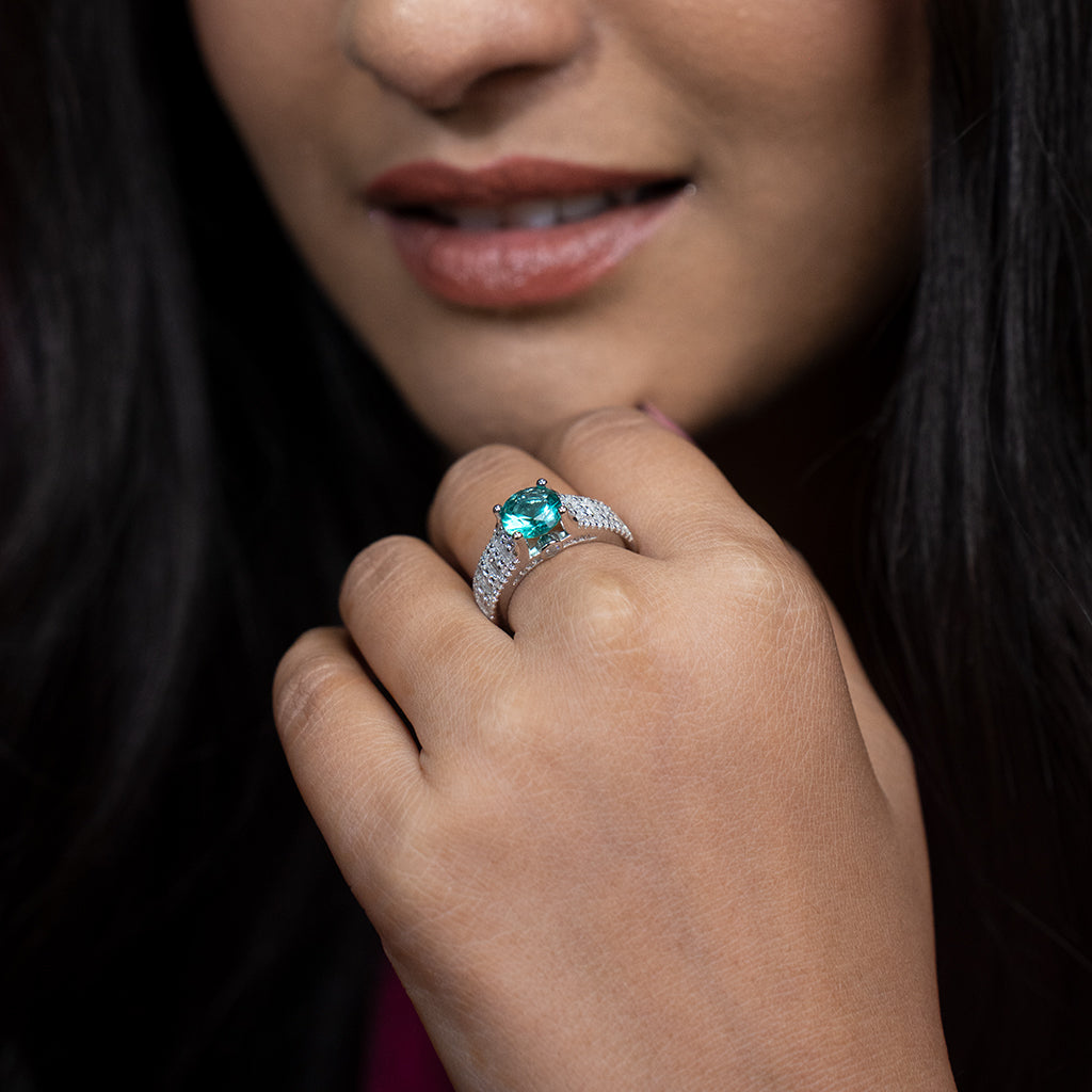 Silver Ring Featuring Graceful Mix of Baguette & Round Cut Diamonds