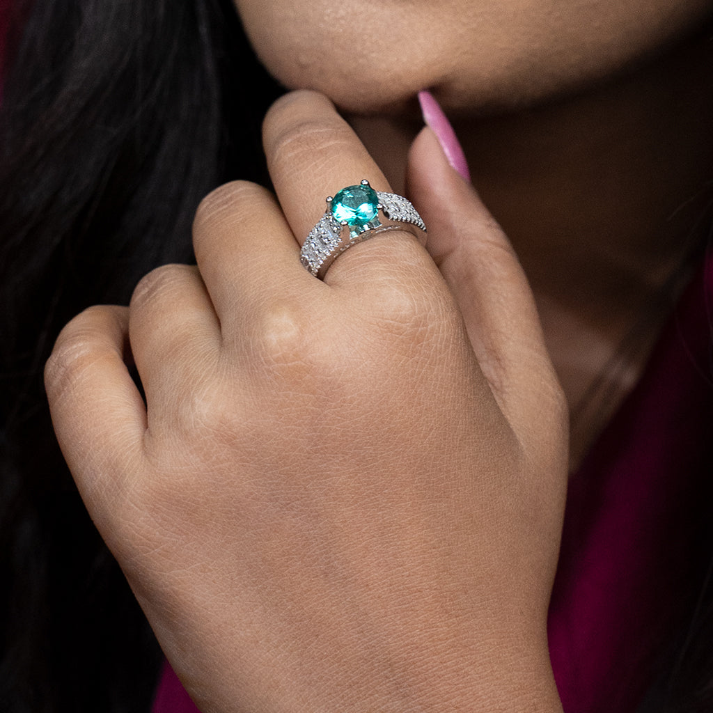Silver Ring Featuring Graceful Mix of Baguette & Round Cut Diamonds
