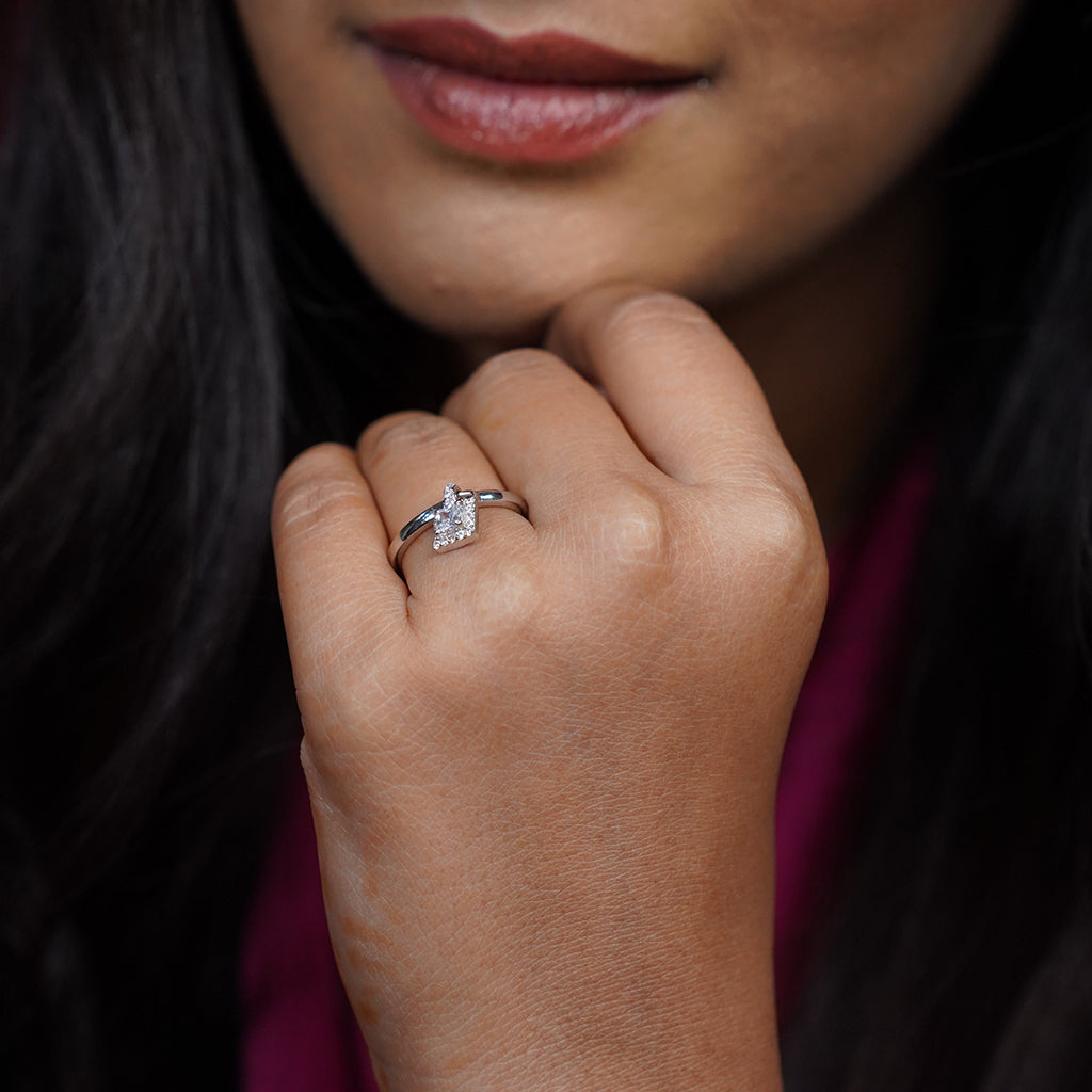 Silver Ring With Hanging Diamond Square Charm