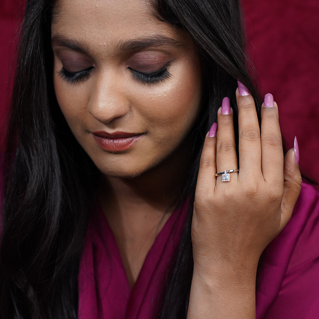 Silver Ring With Hanging Diamond Square Charm