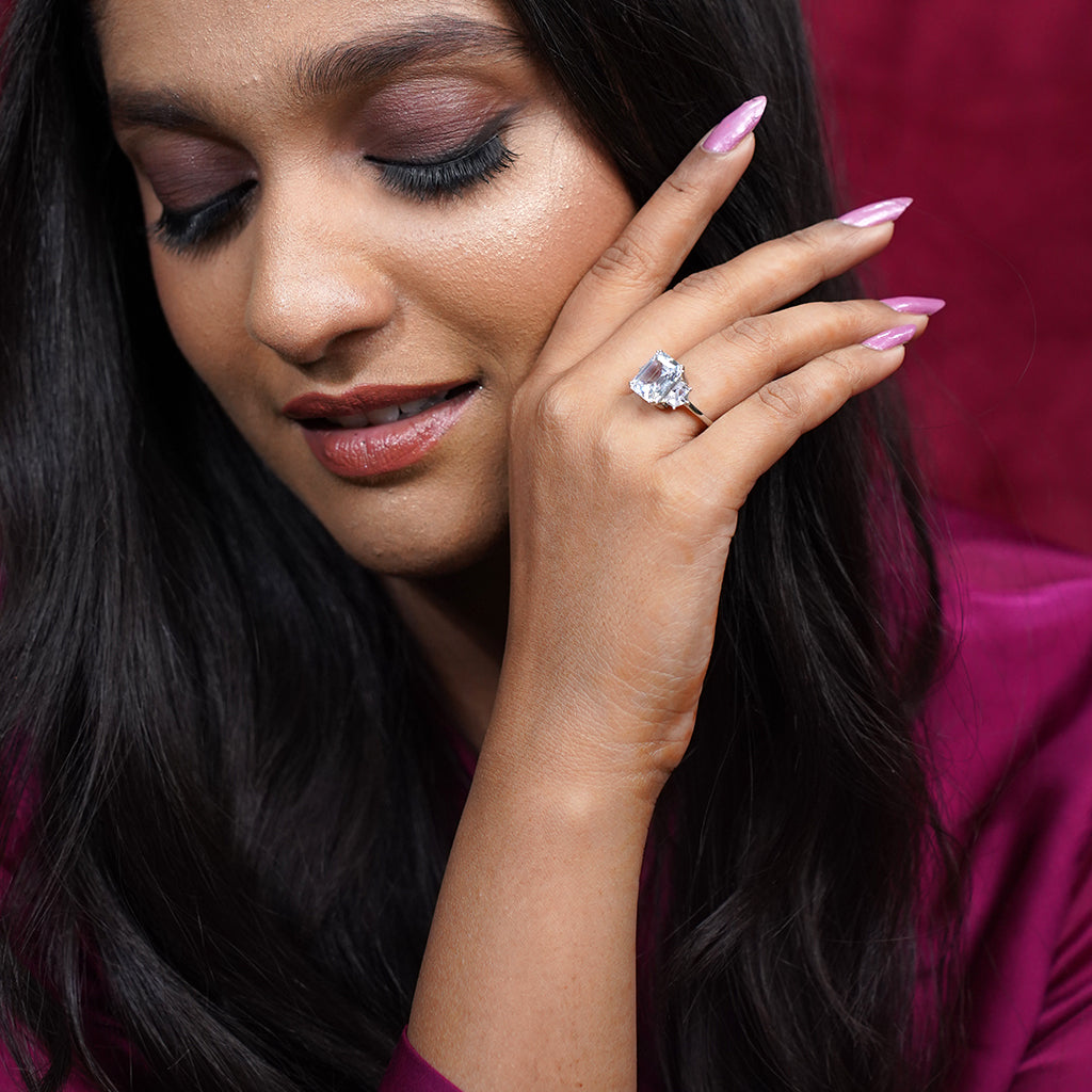 Silver Ring featuring Stunning Emerald Cut Stone in the Center