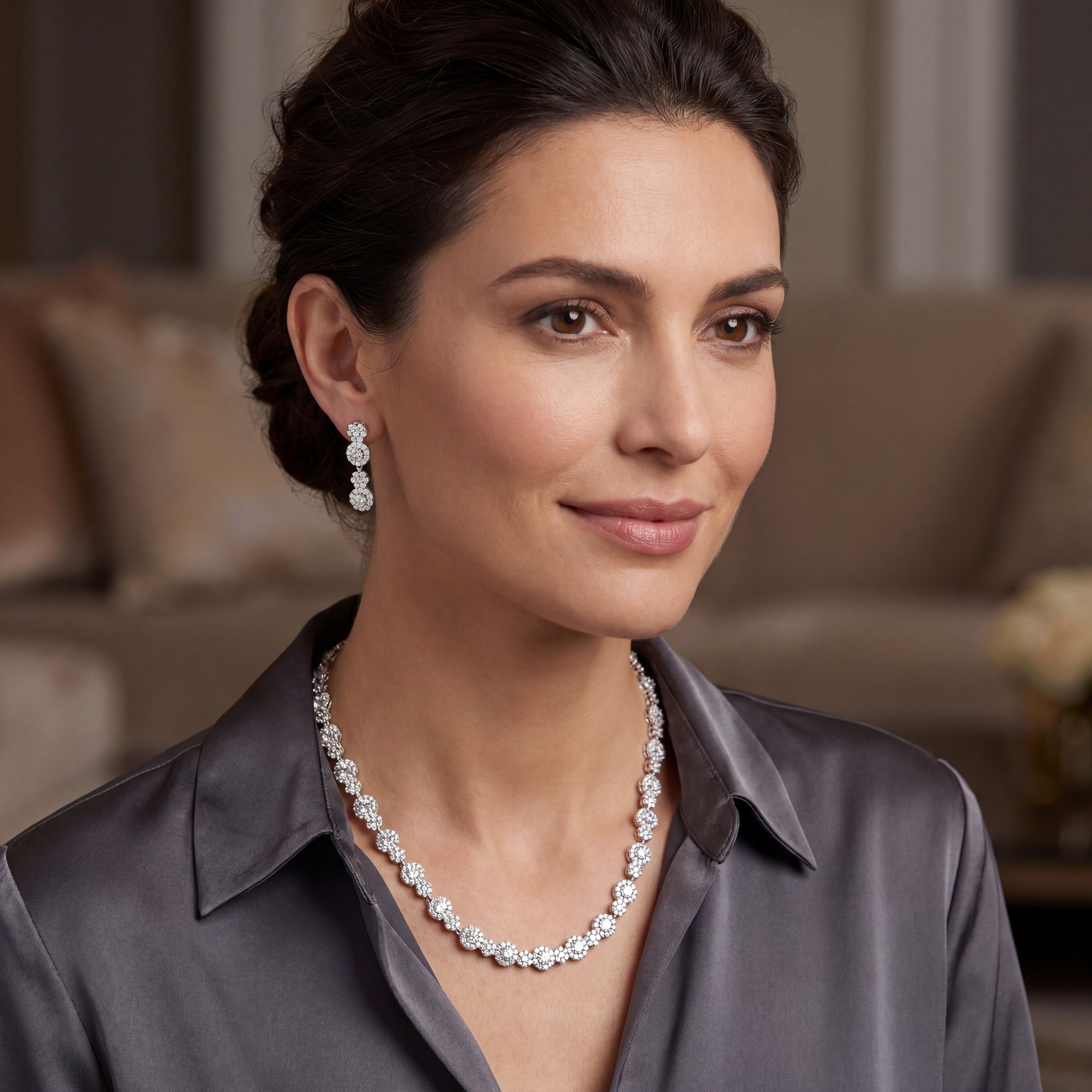 Delicate Silver Necklace with Oval Shaped Diamond at the center