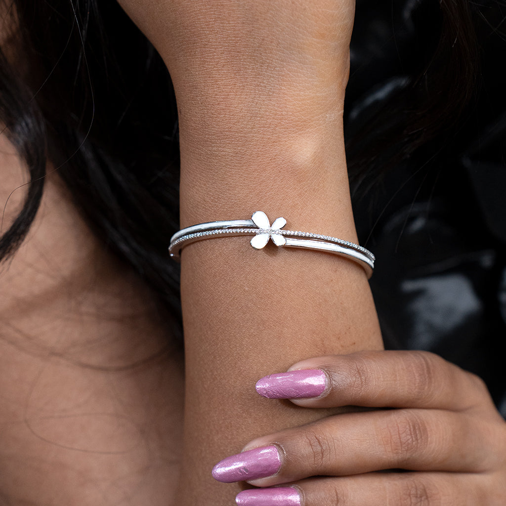 Beautifully Crafted Butterfly Made from Luminous Mother Of Pearl Silver Bracelet