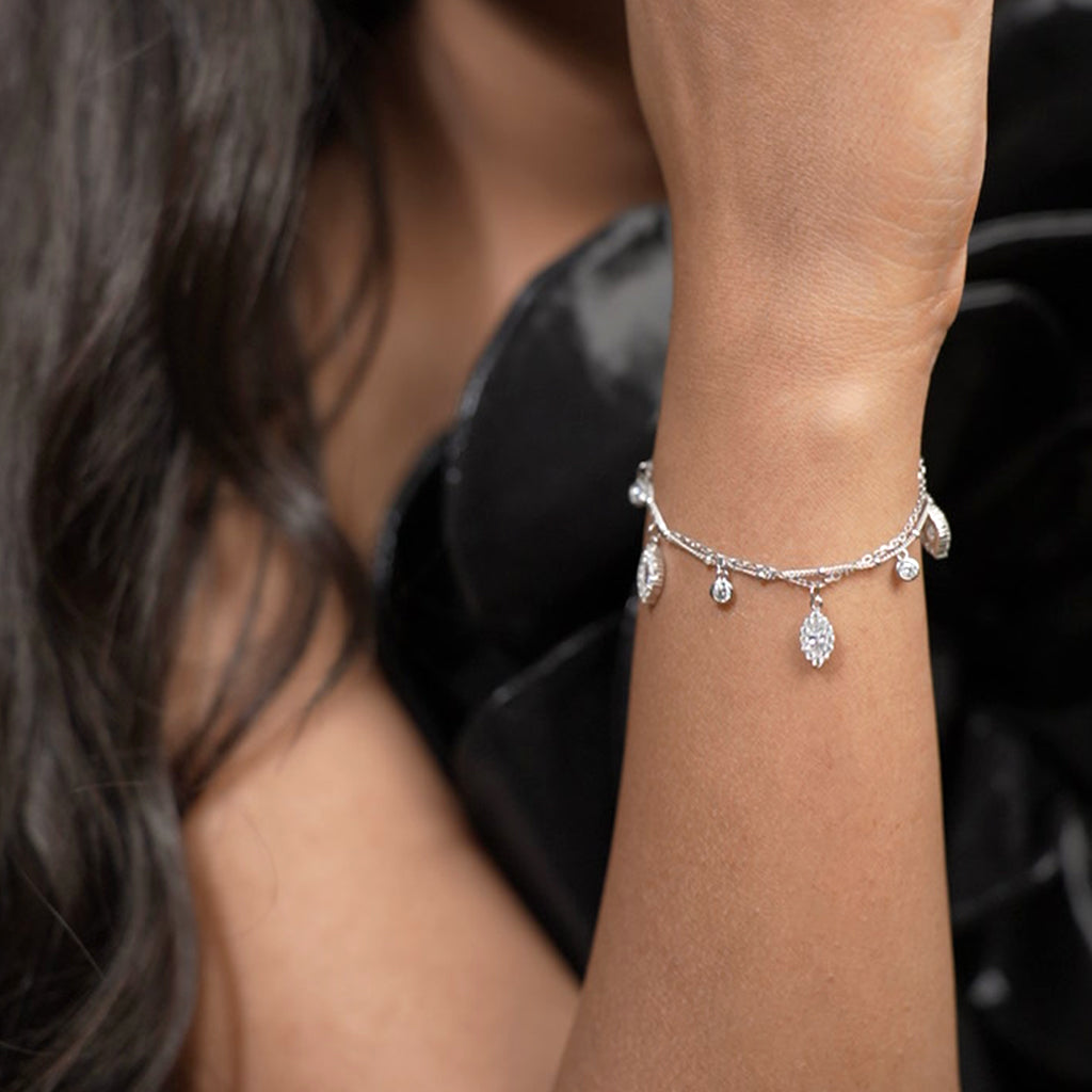 Leaf Shaped Diamonds Studded in Silver Bracelet