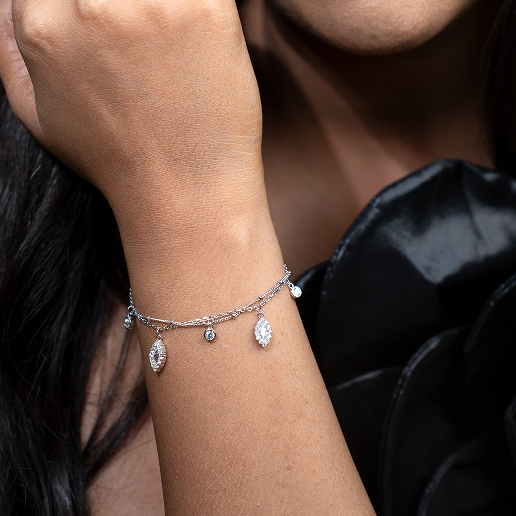 Leaf Shaped Diamonds Studded in Silver Bracelet