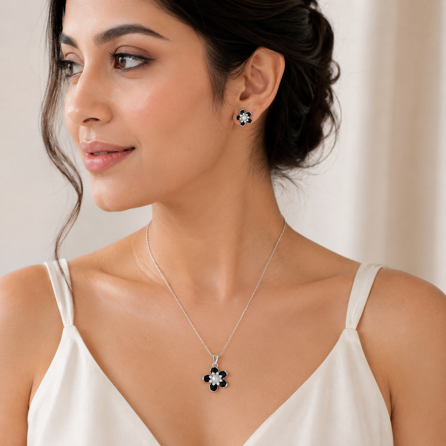 Onyx Flower Pendant Set