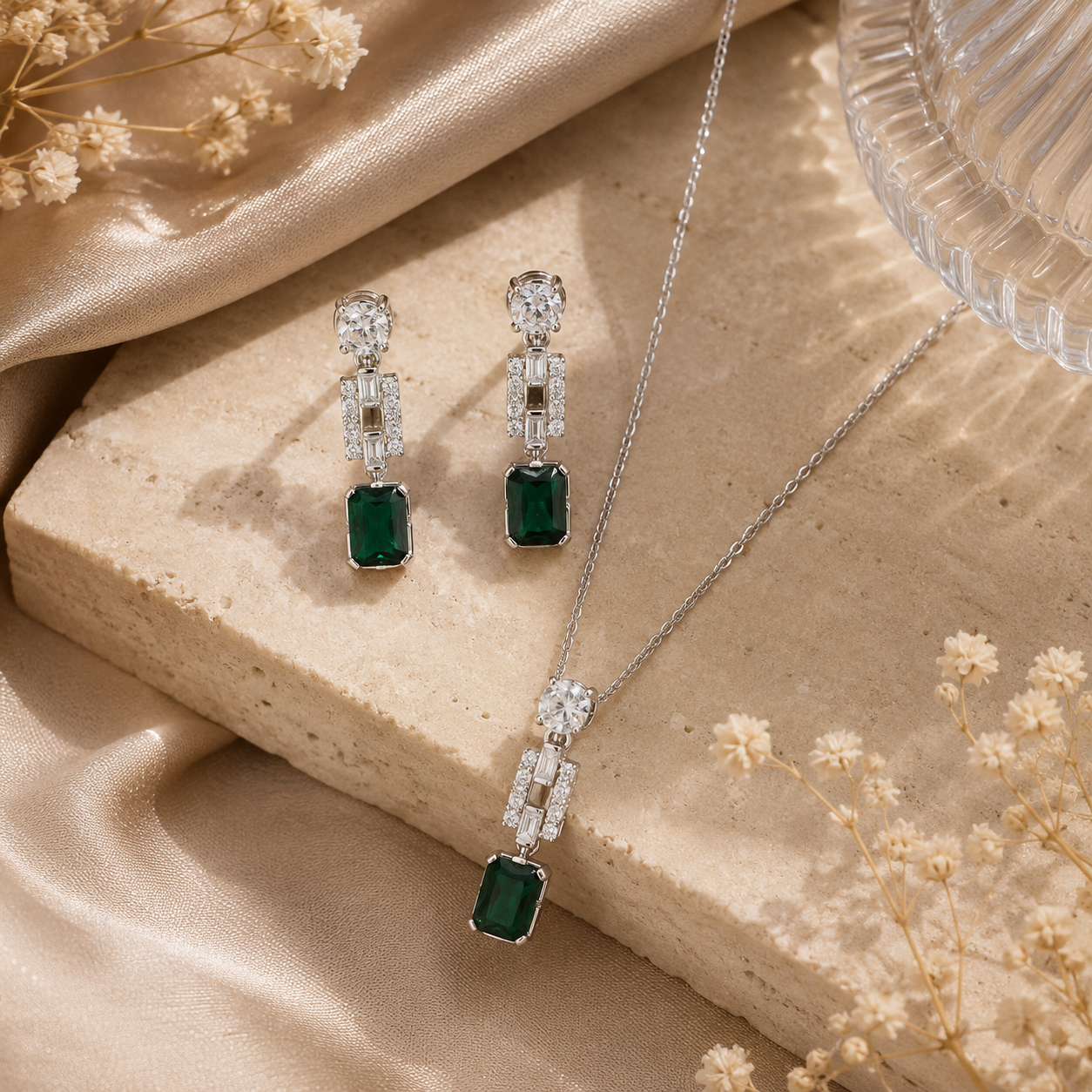 Emerald Charm Pendant Set