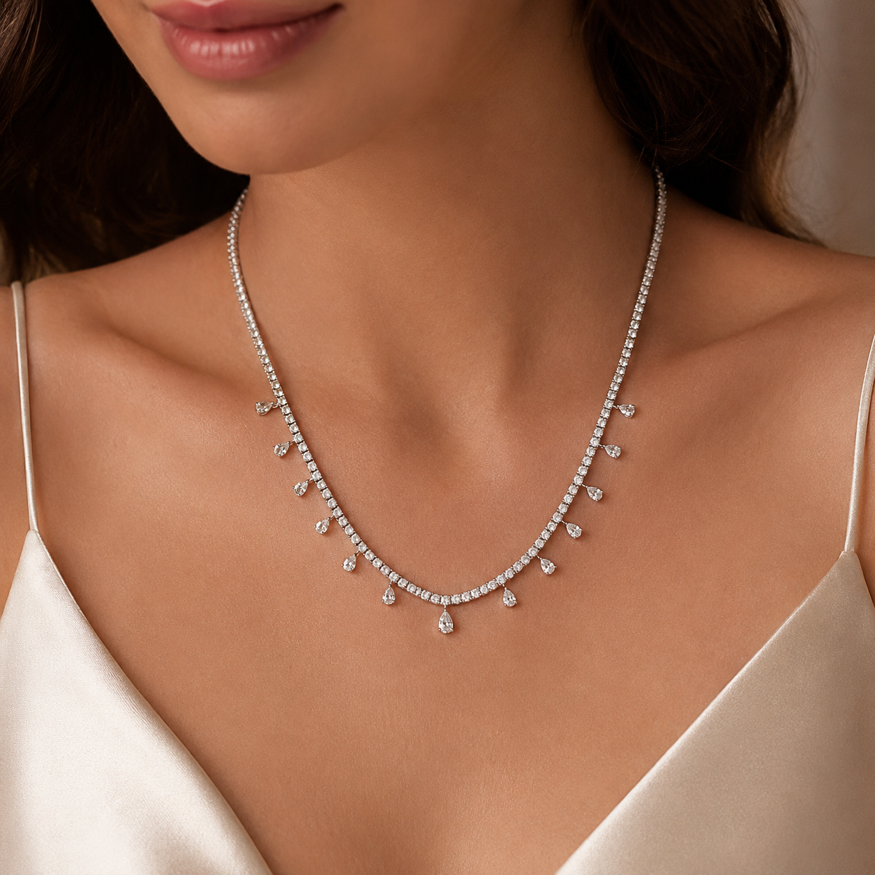 Silver Necklace featuring Solitaires in Pear shaped Design