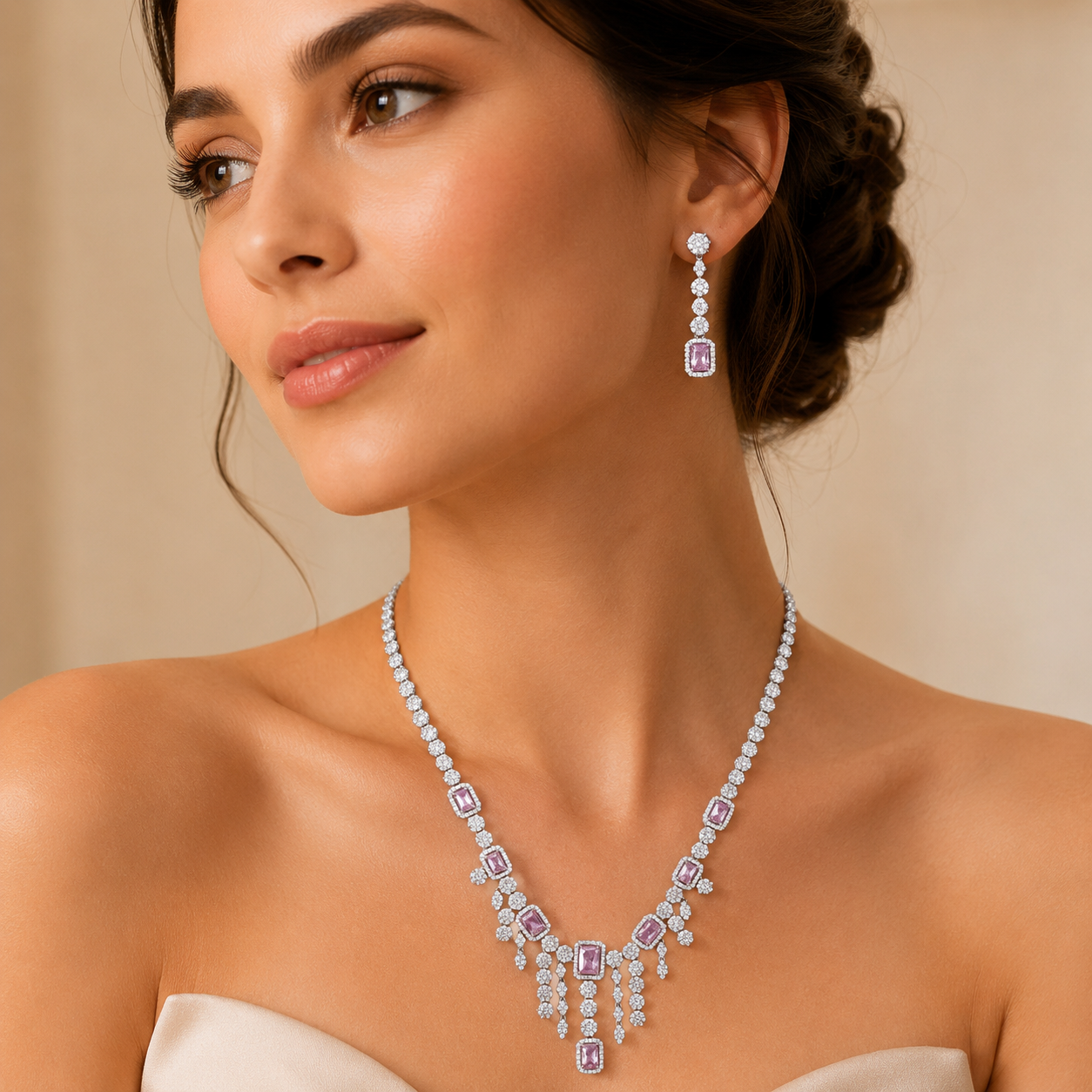 Silver Necklace with Pink Emerald Cut Diamonds
