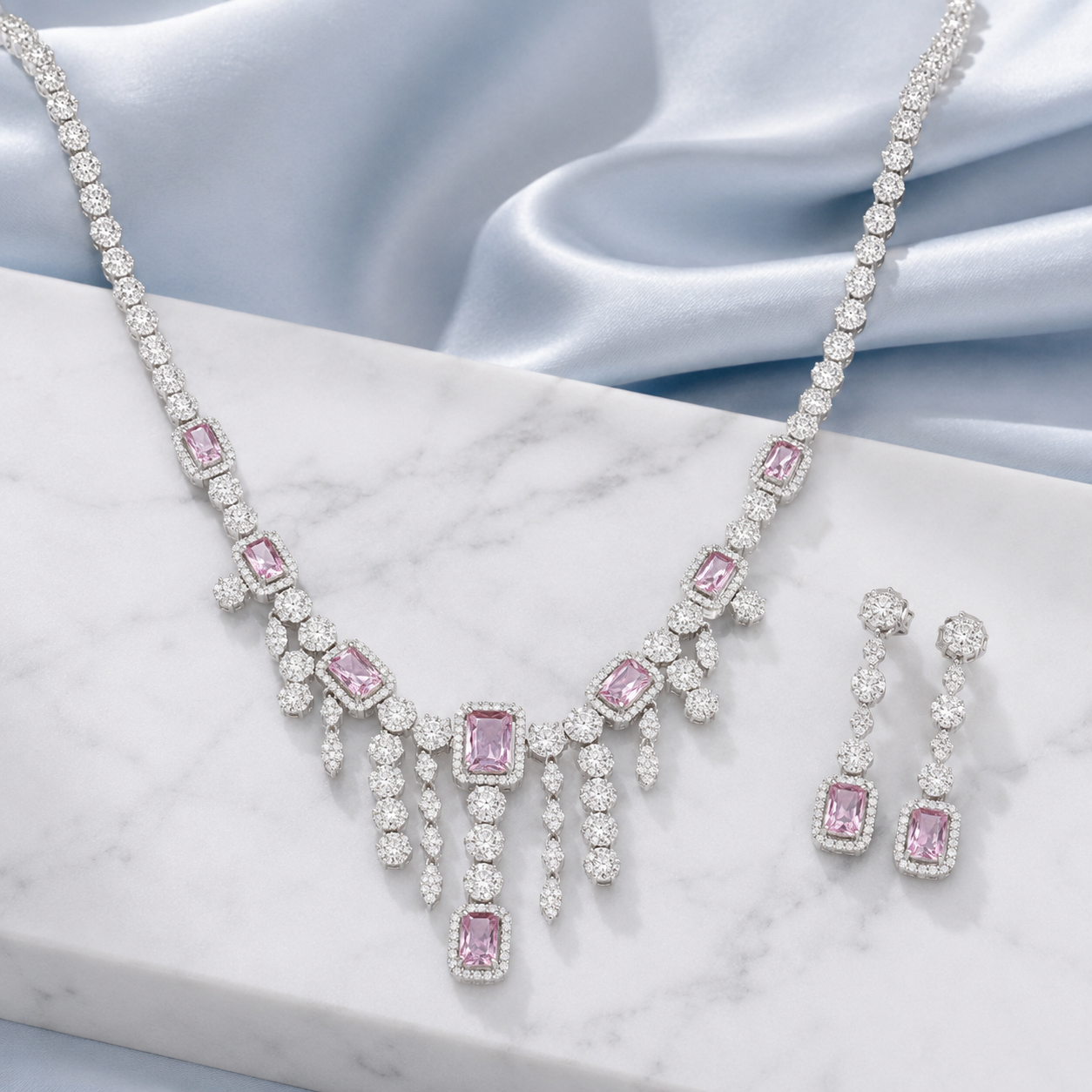 Silver Necklace with Pink Emerald Cut Diamonds
