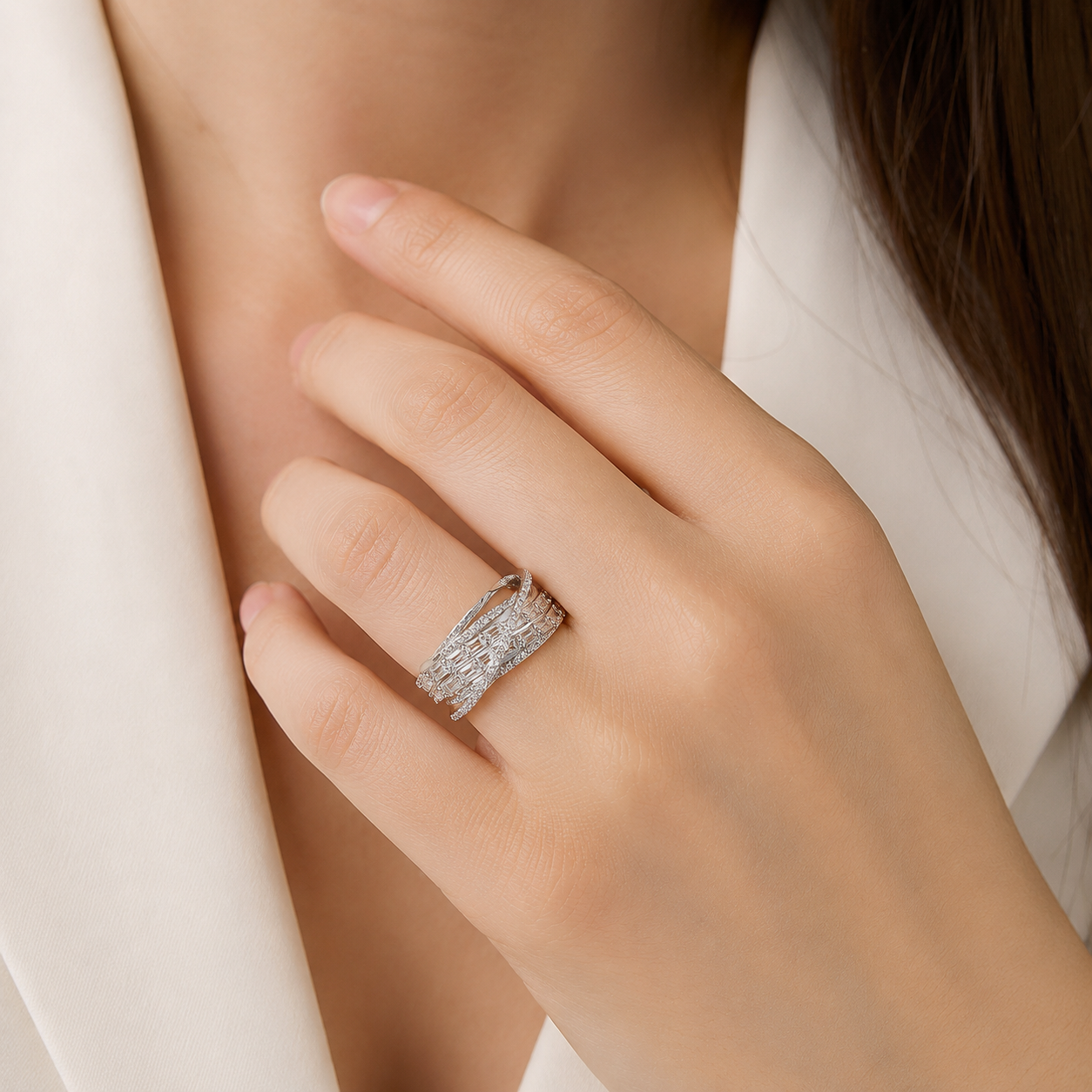 Silver Ring featuring Sleek Baguette & Round Diamonds