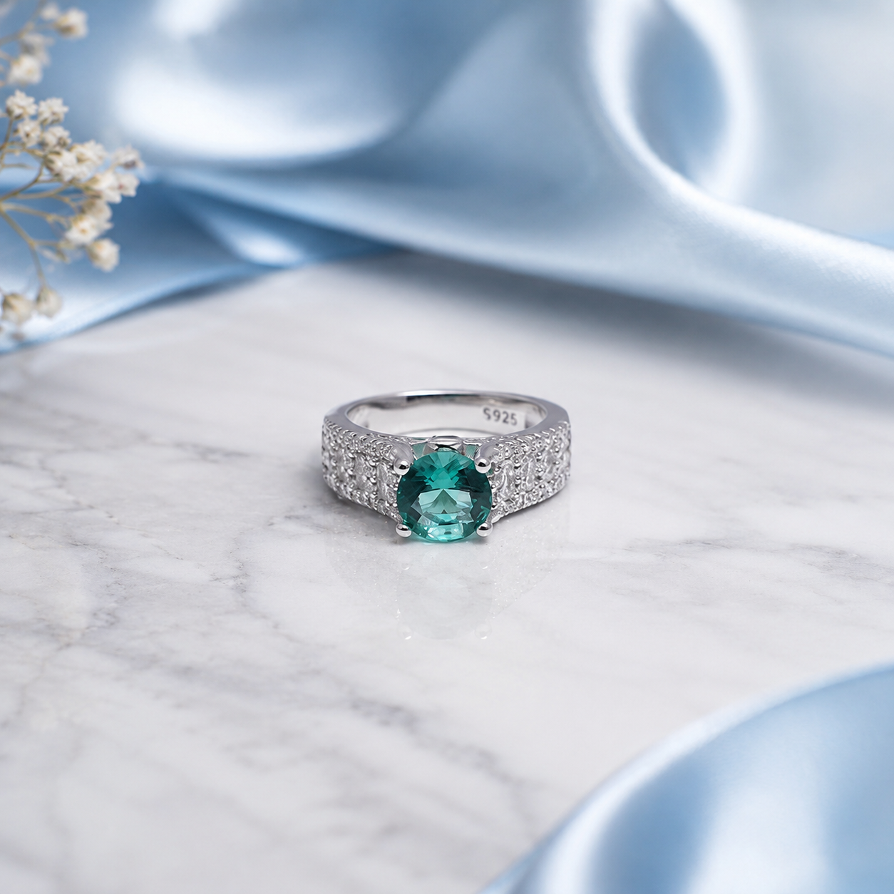 Silver Ring Featuring Graceful Mix of Baguette & Round Cut Diamonds