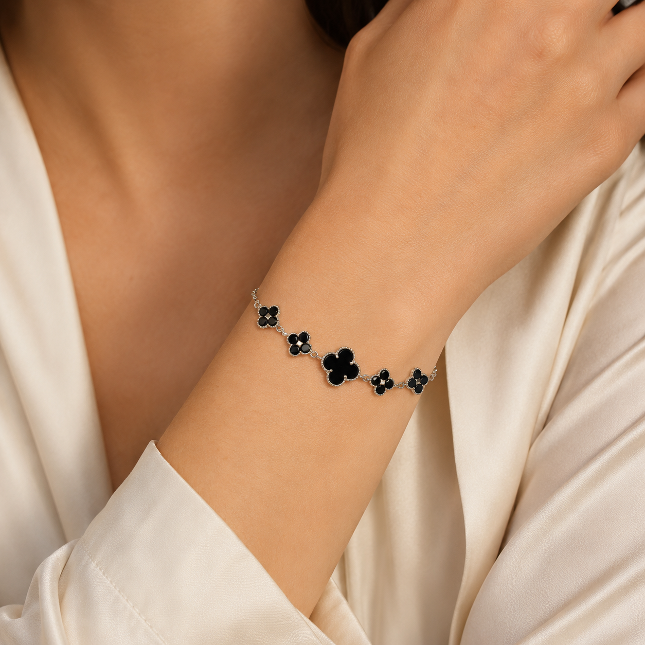 Black Clover Shaped Silver Bracelet